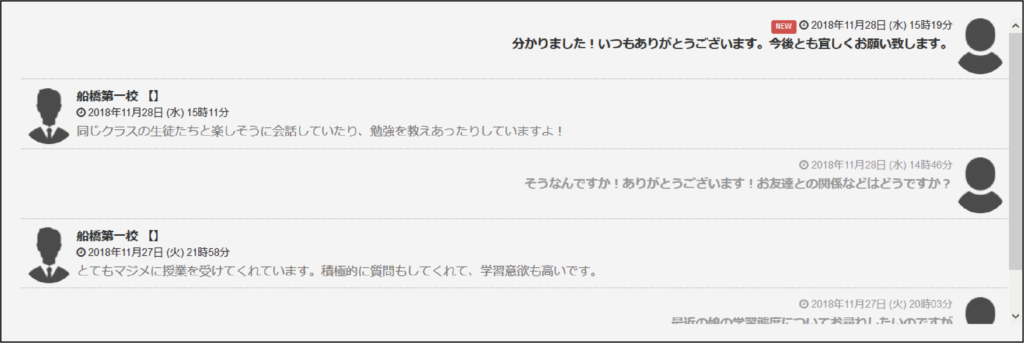 講師側PC画面のチャット一覧
